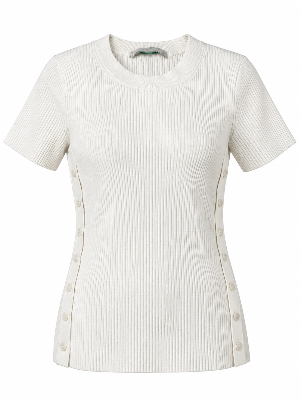 Ribbed Short-Sleeve Button-Trim Top — Cream